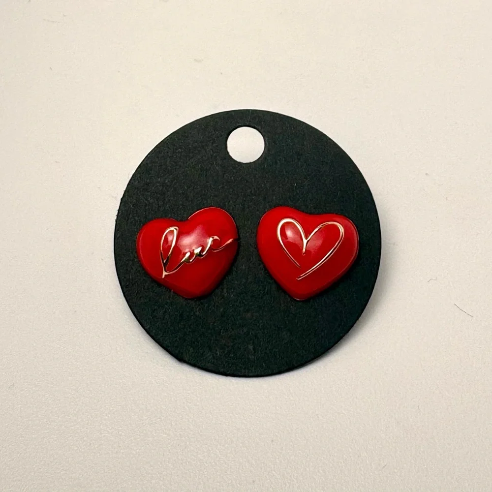 Red Heart Earrings with Love Script Enameled Hypoallergenic